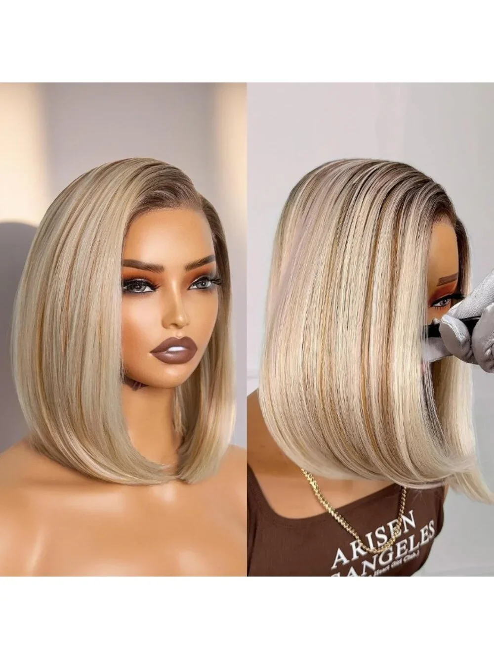 Stunning Ombre Blonde Bob Wig with Brown Roots - Pre-Cut, Glueless, 12 Inch